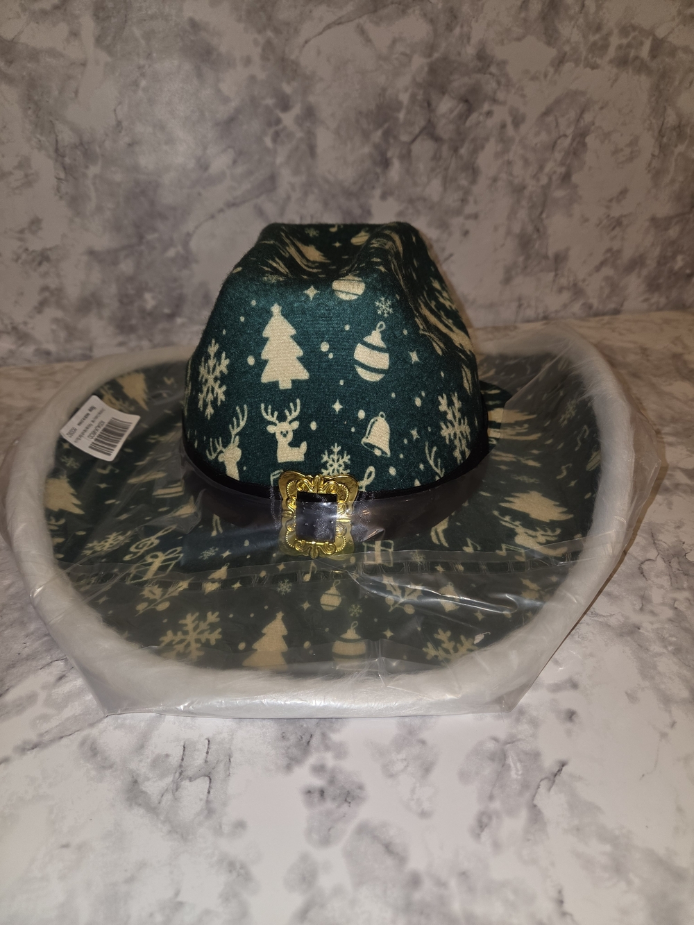 Green Christmas Holiday Print Cowboy Hat For Women Or Men With Feather Trim